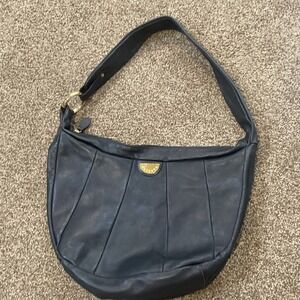 Vintage Barbara Milano Women Navy Leather Shoulder Bag Made in Italy Gold Accent
